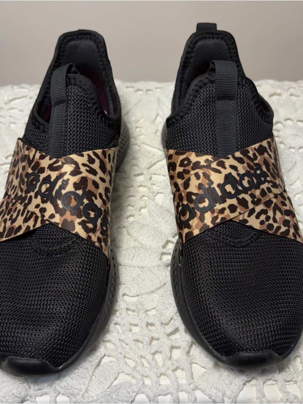 adidas Black Slip-On Sneakers with Leopard Strap Accent